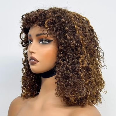 180% Density Bob Pixie Curly Human Hair Wig With Bangs 100% Human Hair Wig for Black Women 13x4 HD Transparent Lace Front Wig Pre Plucked Glueless Natural Hairline Wig 10Inch(#4/27 Color Wig,8 Inch)