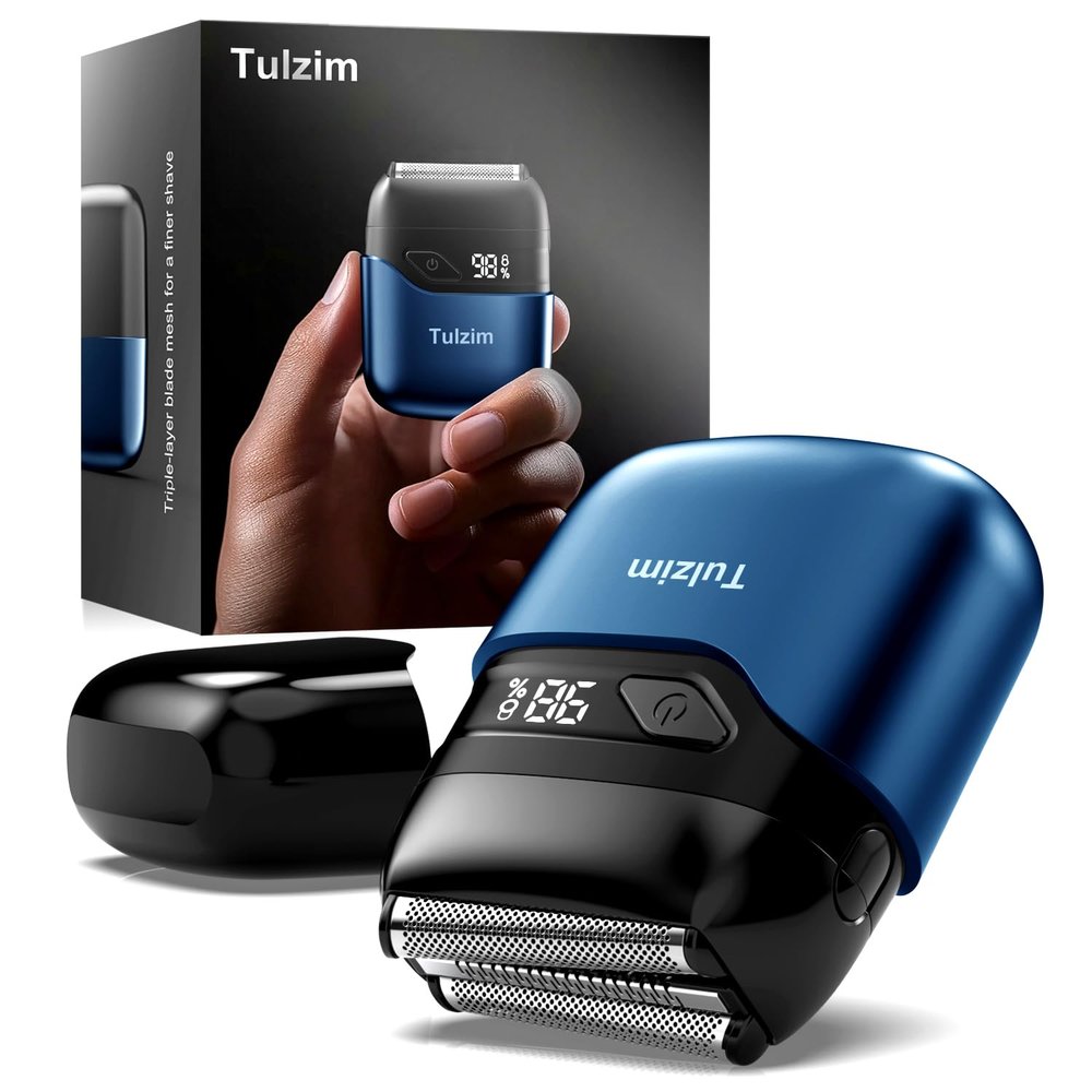 Tulzim Electric Foil Shaver for Men: Portable Electric Razor for Beard/Face, 3 Floating Blade LED Display USB-C Fast Rechargeable, IPX7 Waterproof for Travel & Home,Light Blue