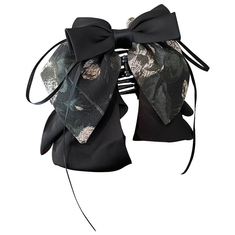 Elegant Hair Bow Clip, Black and Silver Floral Pattern, Large Decorative Barrette for Women