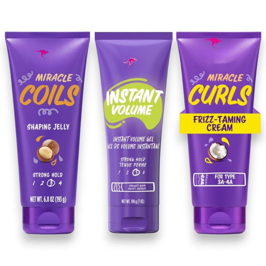 Au~ssie Hair Styling Variety Pack - Miracle Coils Jelly, Instant Volume Gel & Miracle Curls Cream, with Cocoa Butter, for Straight, Wavy & Curly Hair, Sulfate-Free, 3 (Pack)