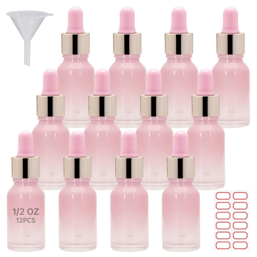 12PCS 0.5oz Dropper Bottle,essential oil bottle,Tincture Bottles with Glass Dropper, for Essential Oils, Aromatherapy, Cosmetic, Laboratory, Pharmacy, Liquids, Travel 15ml (Gradient Pink, 0.5, ounces)