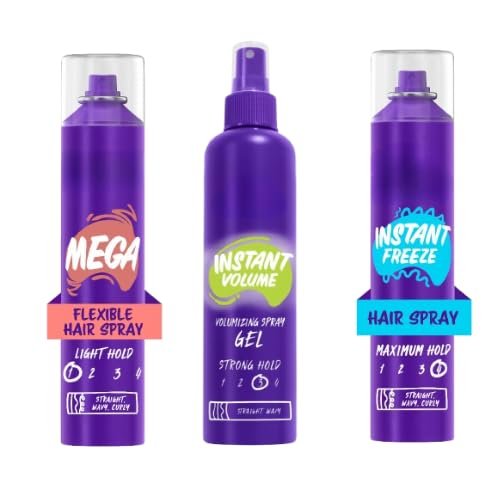 Au~ssie Hair Styling Variety Pack - Mega Flexible Hair, Instant Volume Volumizing Gel & Instant Freeze Sculpting Mousse, Spray Straight, Wavy & curly Hair 3 (Pack)