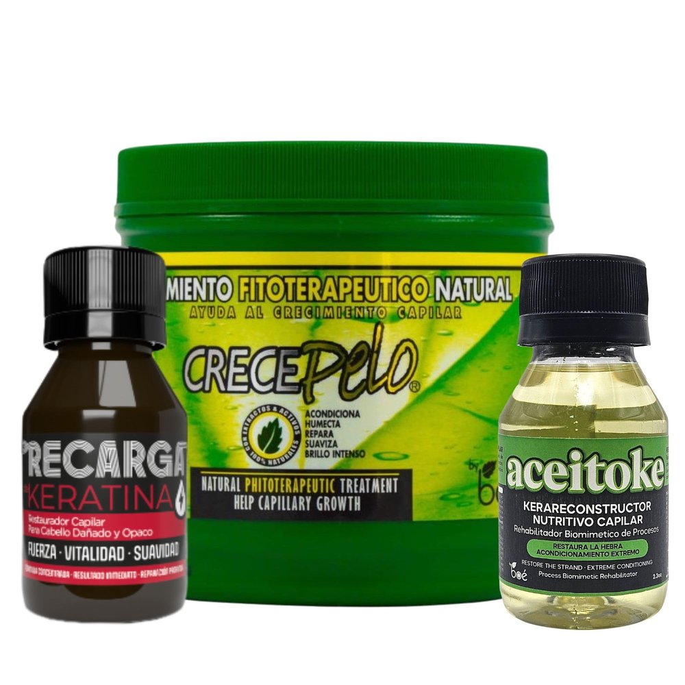 3-Step Hair Repair Bundle  KeraReconstructor + Keratin Ampoule + CrecePelo Natural Phytotherapeutic Mask 16 oz  Deep Repair, Frizz Control & Growth  For Damaged, Bleached & Dry Hair