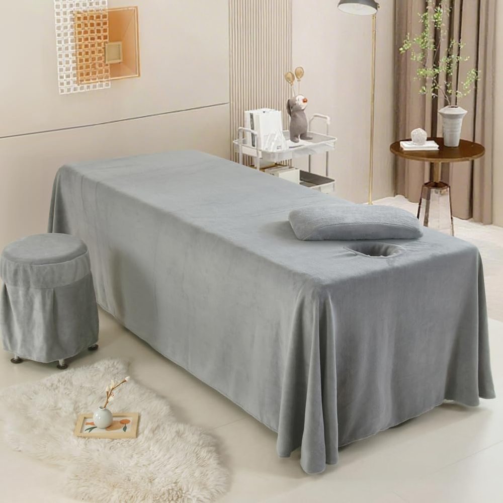 LDLCYCN Grey,80 * 190cm, Massage Bed Sheet Massage Table Cover Breathable Spa Bed Skirt with Face Hole 360 Full Wrap Soft Beauty Mattress Cover Spa Bed Cover for Salon Massage Spa Therapist