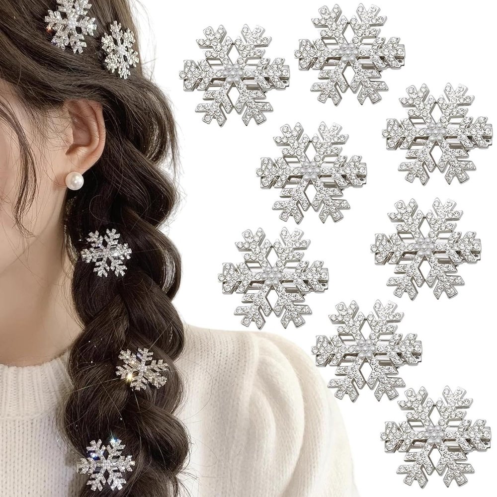 10Pcs Christmas Hair Clip White Snowflake Diamond Hair Accessories for Women Girls Xmas Bow Hair Clips Holiday Sparkling Diamond Hairpins Festive Hair Bow Hair Accessory for Wowen Holiday Party Gifts