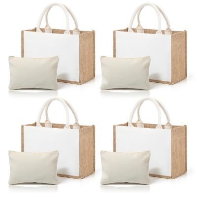 4 Set Burlap Tote Bag, Jute Tote Bag with Canvas Makeup Pouch Burlap Gift Bags with Handles Reusable DIY Craft Blank Gift Bages Blank Canvas Grocery Bags for Bridesmaid, Shopping, Pool, Wedding