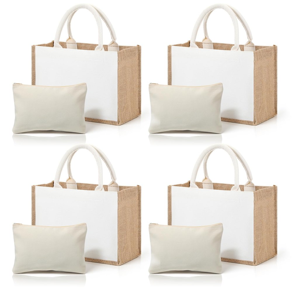 4 Set Burlap Tote Bag, Jute Tote Bag with Canvas Makeup Pouch Burlap Gift Bags with Handles Reusable DIY Craft Blank Gift Bages Blank Canvas Grocery Bags for Bridesmaid, Shopping, Pool, Wedding