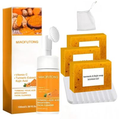 Turmeric and Kojic Acid Soap Set, Brightening Facial Cleanser, 3 Soaps with Foam Cleanser and Soap dish