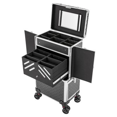BGSHKAL Rolling Makeup Train Case, Professional Cosmetic Trolley Cosmetic Organizer Rolling Makeup Case Multiple Adjustable Compartments with Built-In Locking Mechanism and 34.25-In Retractable Handle