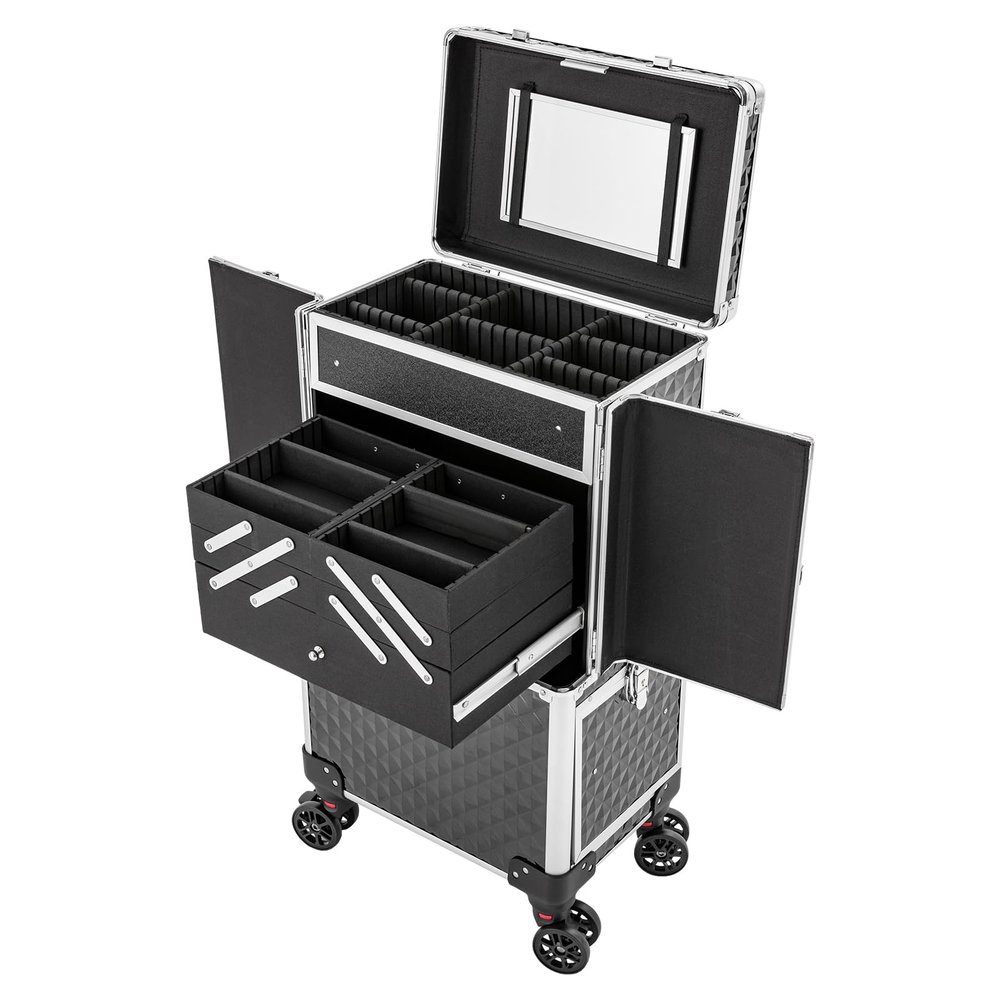 BGSHKAL Rolling Makeup Train Case, Professional Cosmetic Trolley Cosmetic Organizer Rolling Makeup Case Multiple Adjustable Compartments with Built-In Locking Mechanism and 34.25-In Retractable Handle