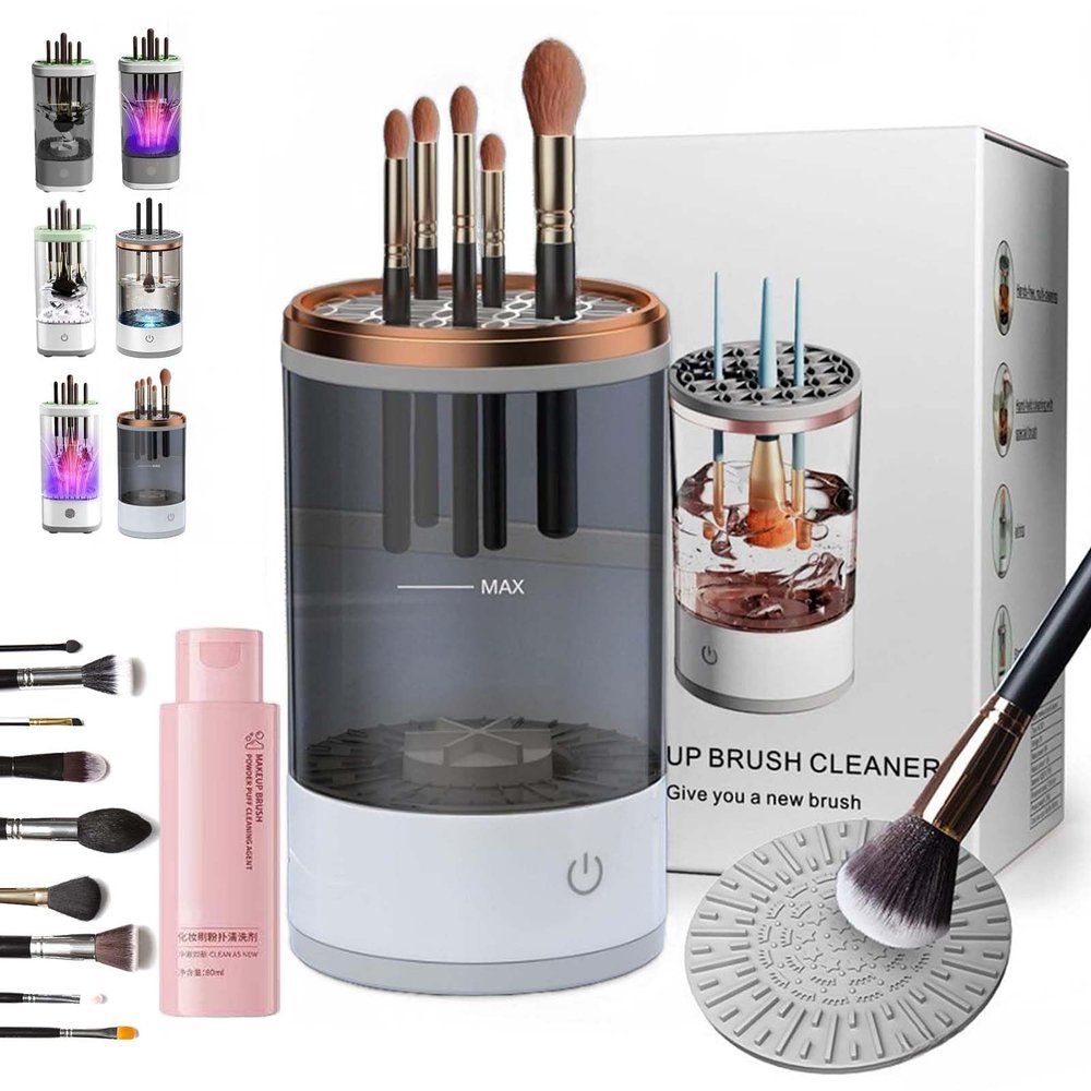Makeup Brush Cleaner, 3 in 1 Electric Brush Cleaner, Electric Makeup Brush Cleaner - Automatic Spinning Cosmetic Tool for Deep Cleaning All Types of Brushes Set (Plug-in,Black-b)