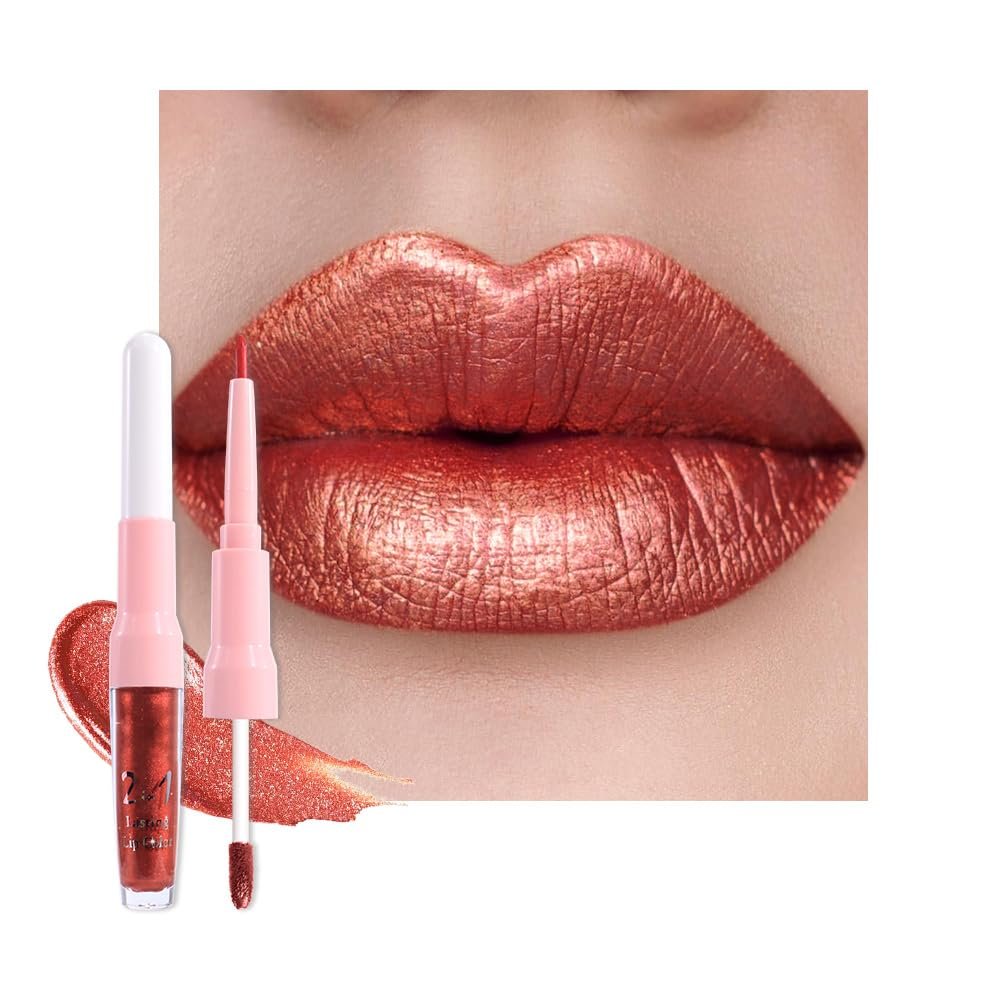 evpct Bronze Orange Metallic Glitter Lip Liner and Lipstick Combo Lip Gloss Stain Set Makeup for Women Long Lasting Waterproof 24, Non Stick Cup Metal Shine Shimmer Iridescent Glossy Liquid Lipstick
