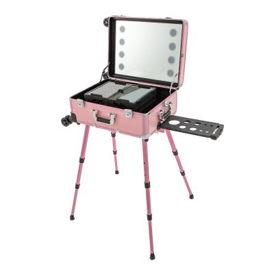 BGSHKAL Rolling Makeup Train Case, Professional Cosmetic Trolley Rolling Makeup Case Built-In Retractable Tripod 110.23 Lbs Capacity Makeup Brush Holder 8 Adjustable Brightness LED Lights