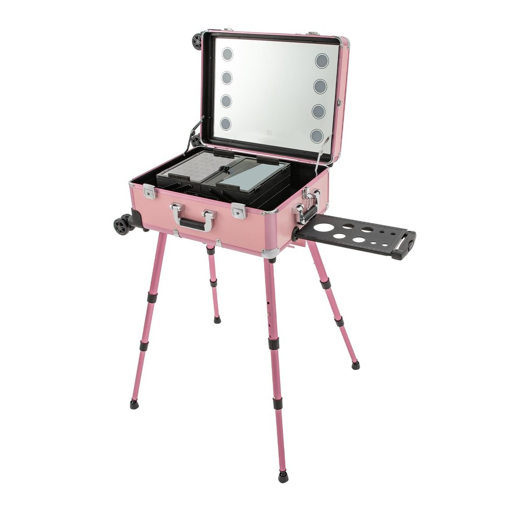 BGSHKAL Rolling Makeup Train Case, Professional Cosmetic Trolley Rolling Makeup Case Built-In Retractable Tripod 110.23 Lbs Capacity Makeup Brush Holder 8 Adjustable Brightness LED Lights