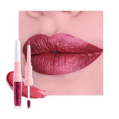 evpct Burgundy Plum Red Metallic Glitter Lip Liner and Lipstick Combo Lip Gloss Stain Set Makeup for Women Long Lasting Waterproof 24, Non Stick Cup Metal Shine Shimmer Iridescent Liquid Lipstick 23