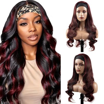 BaaerHve 20 Inch P1B99J Burgundy Headband Wigs Human Hair Body Wave Wigs for Black Women Brazilian Virgin Hair Glueless None Lace Front Half Wig Wear and Go Highlight Headband Wigs Human Hair