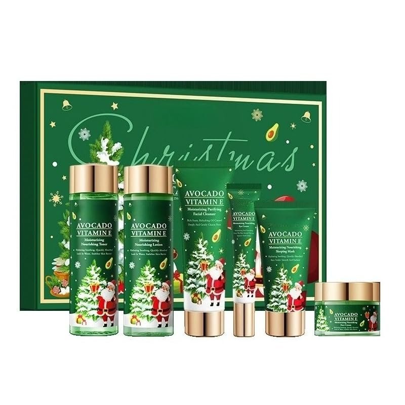 Christmas Skincare Kit Gift 6 Pcs with Facial Cleanser, Sleeping Mask, Lotion, Face Cream, Eye Cream, Toner Moisturizing & Nourishing Skin For Women Teen Girls Pomegranate Extract (Avocado)