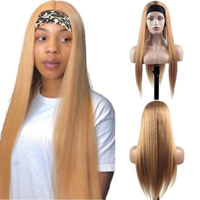 BaaerHve 34 Inch #27 Honey Blonde Headband Wigs Human Hair Straight Wigs for Black Women Brazilian Virgin Hair Glueless None Lace Front Half Wig Wear and Go Blonde Headband Wigs Human Hair