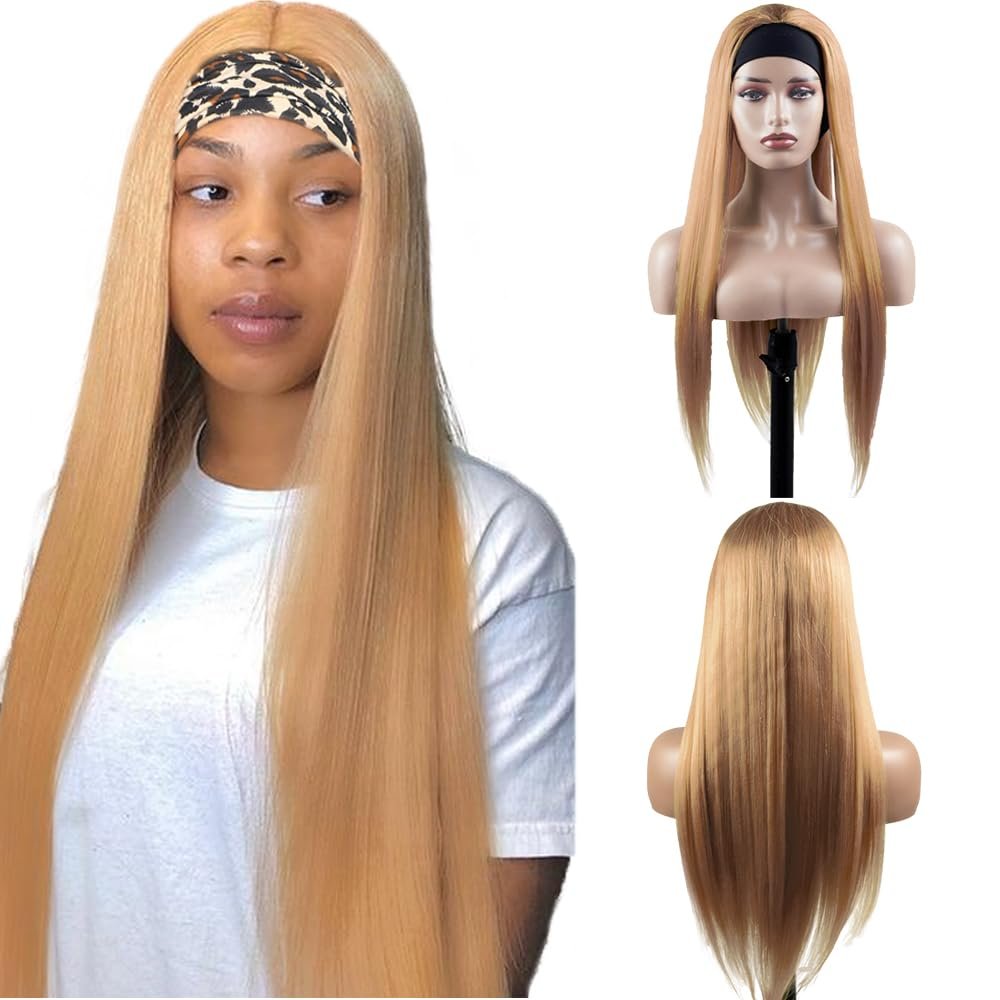 BaaerHve 34 Inch #27 Honey Blonde Headband Wigs Human Hair Straight Wigs for Black Women Brazilian Virgin Hair Glueless None Lace Front Half Wig Wear and Go Blonde Headband Wigs Human Hair