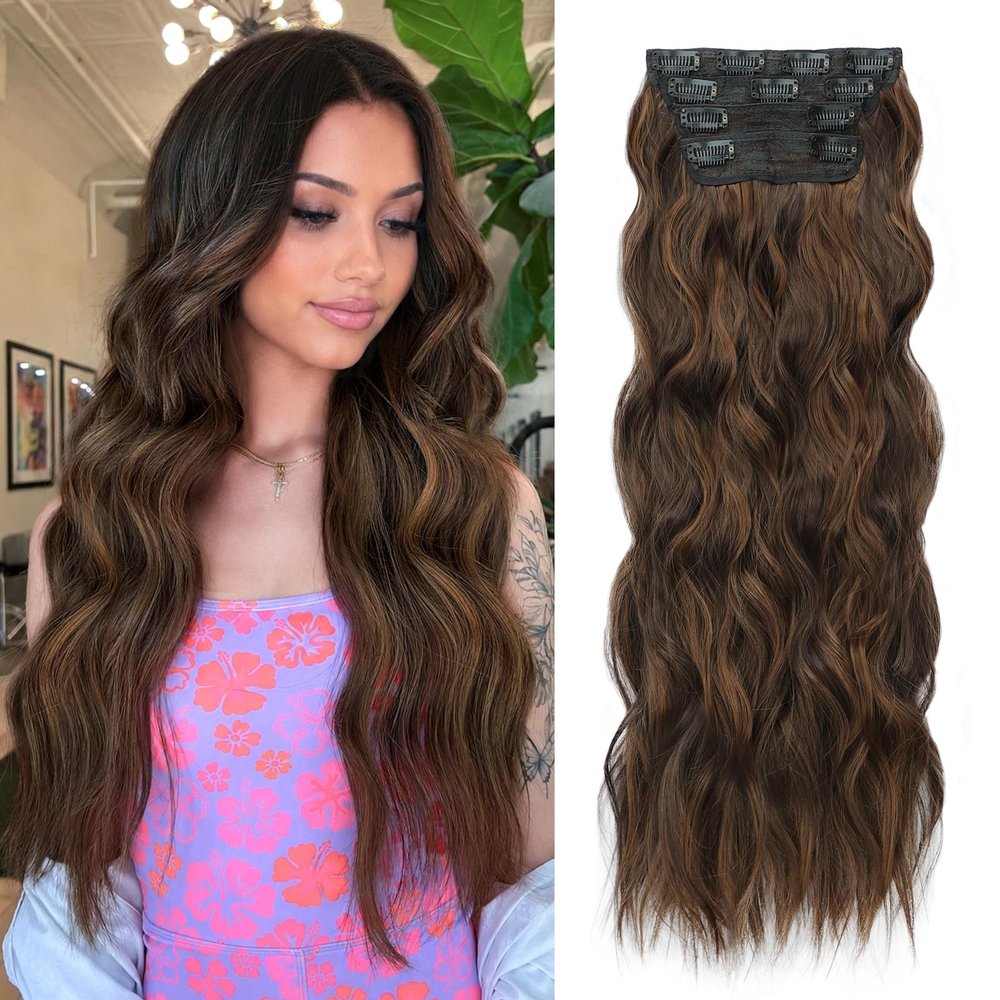ALXNAN Long Wavy Clip in Hair Extensions, 24" Brown with Caramel Highlights