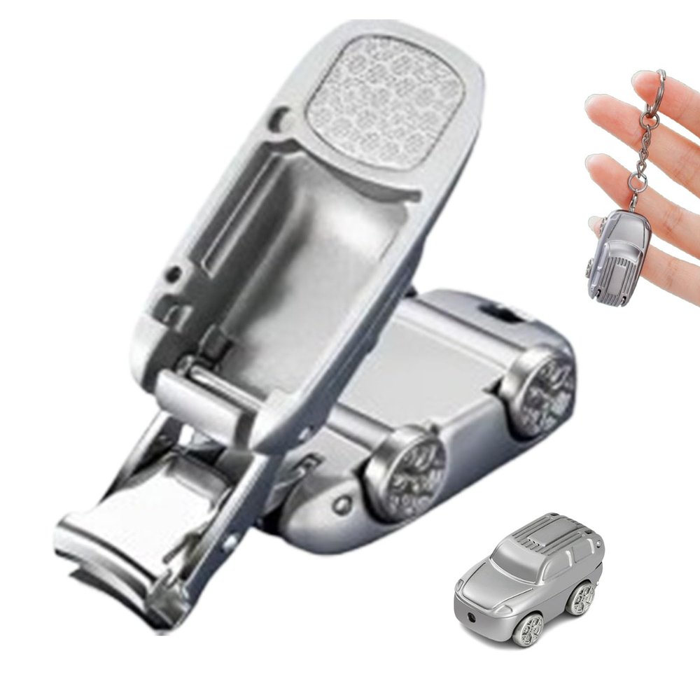 Advanced Foldable Car-Shaped Nail Clipper, Portable Folding Mini Nail Trimmer, Magnetic Splash-Proof Stainless Steel Fingernail, Fingernail Cutter Keychain Accessories for Thick/Hard Nails (Silver)