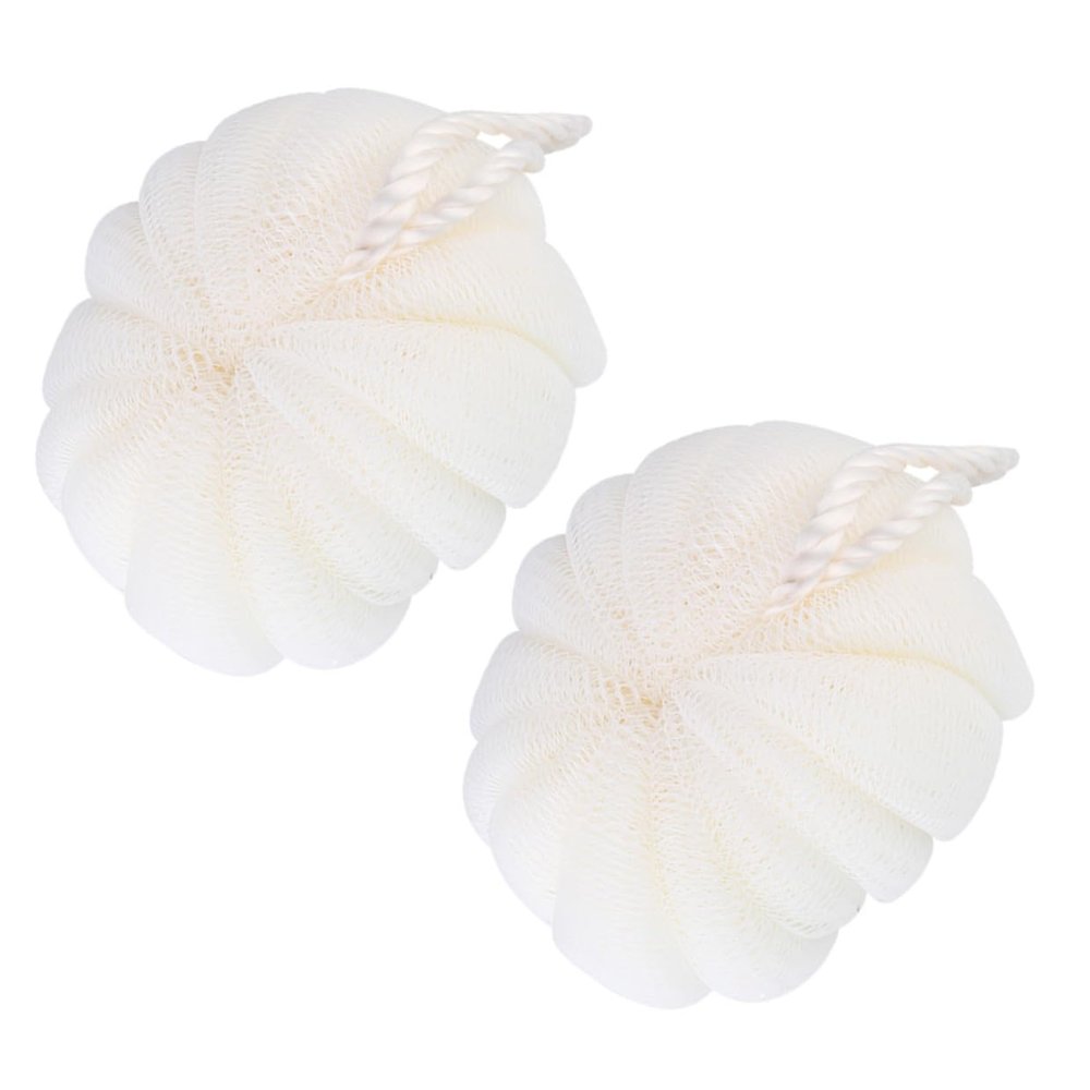Abaodam 2pcs Large Petal-Shaped Bath Body Scrubber Balls Beige Exfoliating Shower Sponge Soft PE Mesh Nets for Gentle Skin Cleansing and Daily Use