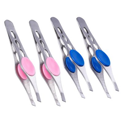 Alipis 4Pcs Stainless Steel Eyebrow Tweezers with Rubber Clasp for Precise Hair Removal Compact Beauty Clips for Women Assorted Pink and Blue Colors for Home and Salon Use