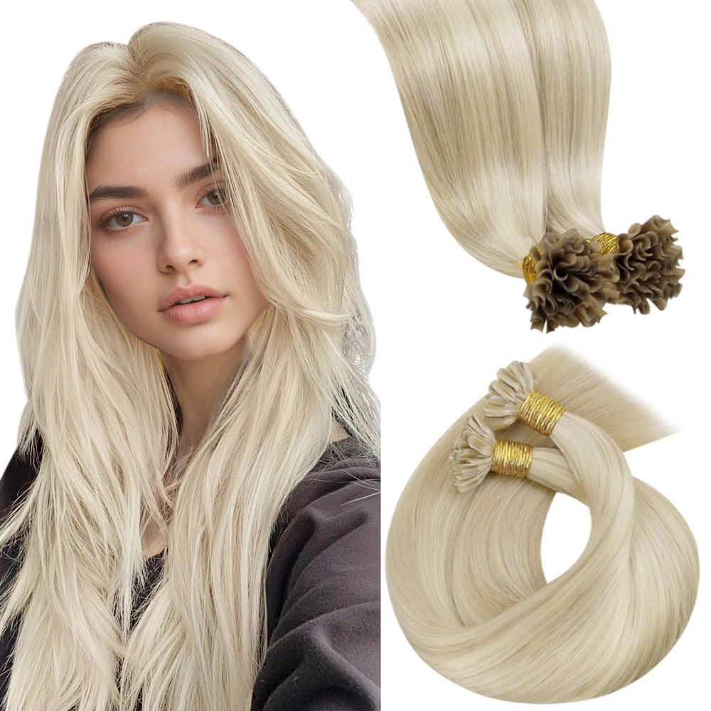 LaaVoo K Tip Hair Extensions Real Human Hair Bleach Blonde U tip Hair Extension Human Hair Hot Fusion Blonde KTip Human Hair Hair Extensions 14 inch 50g/50s