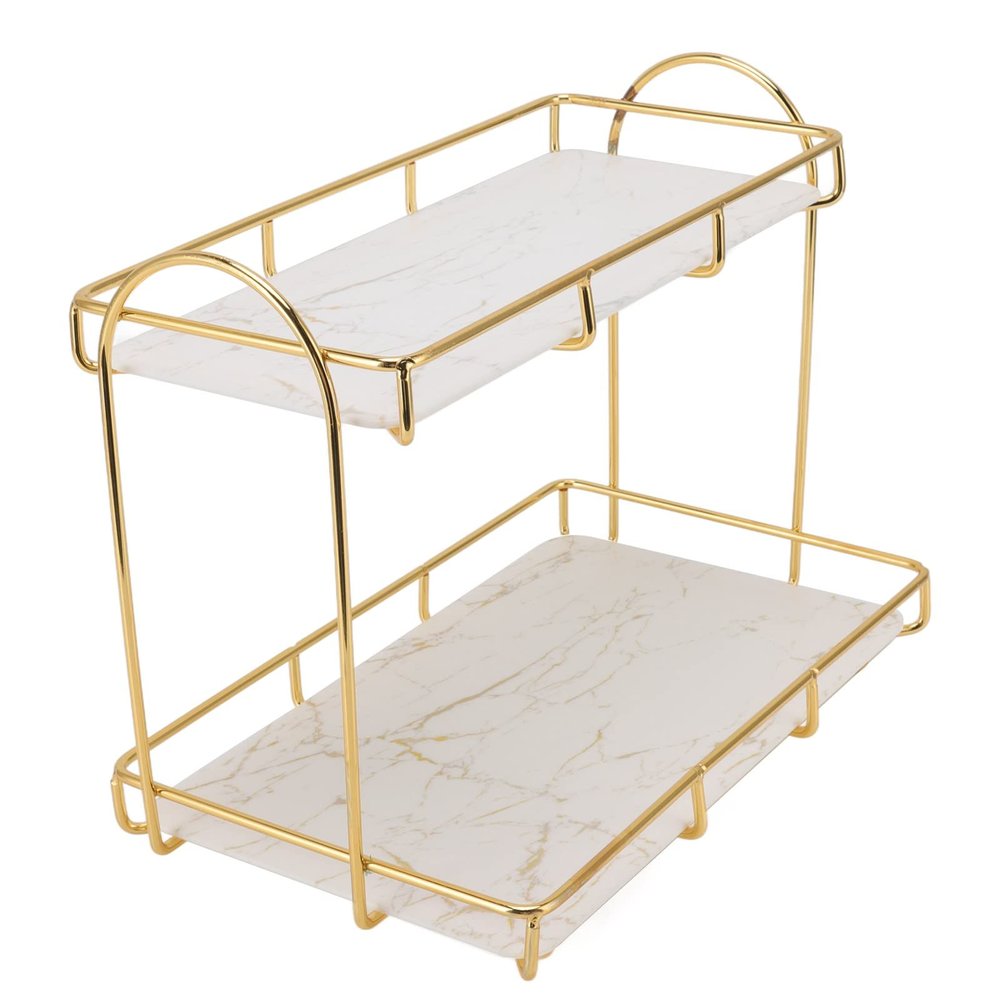 Aumotop 2 Tier Large Capacity Cosmetic Storage Rack for Bathroom Kitchen Bedroom Gold Metal Storage Shelf for Organizing Toiletries