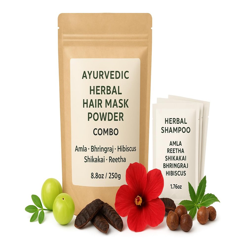 Ecovista Herba100% natural and chemical-free blend of five powerful Indian herbs Amla, Bhringraj, Shikakai, Reetha, and Hibiscus. Herbal Hair Mask & Shampoo Combo (50gm each)