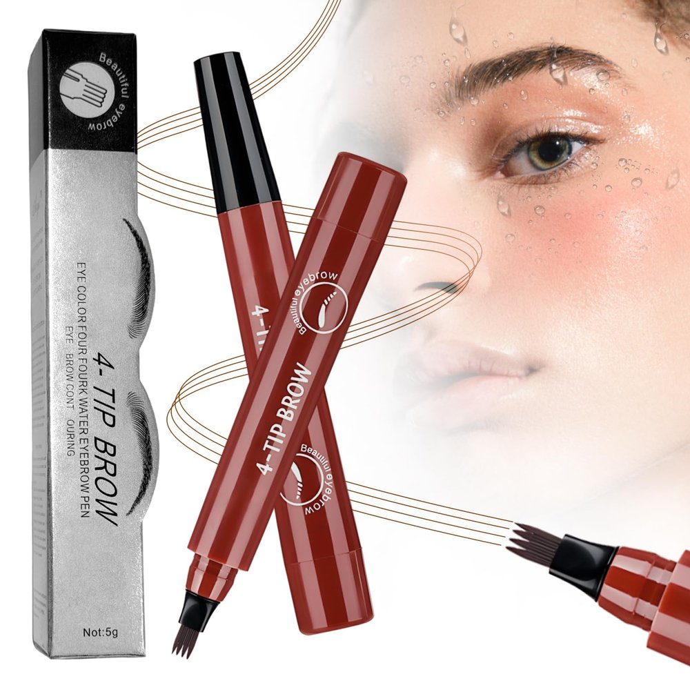 2026 New Microblading Eyebrow Pencil, Premium Magic Eyebrow Contouring Pencil with a Micro-Fork Tip, 3D Waterproof 4 Tipped Spoolie Brush Precise Brow Pen Natural Makeup Effect (Red Brown)