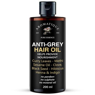 Arom-atique Anti Grey Hair Oil | Herbal Blend with Coconut, Black Seed, Castor, Argan, Apricot, Almond, Grapeseed, Jojoba, Sesame, Henna, Indigo, Amla, Methi, Curry Leaves & Hibiscus |