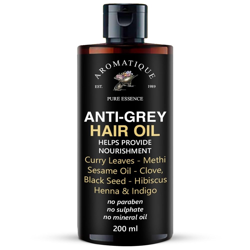 Arom-atique Anti Grey Hair Oil | Herbal Blend with Coconut, Black Seed, Castor, Argan, Apricot, Almond, Grapeseed, Jojoba, Sesame, Henna, Indigo, Amla, Methi, Curry Leaves & Hibiscus |