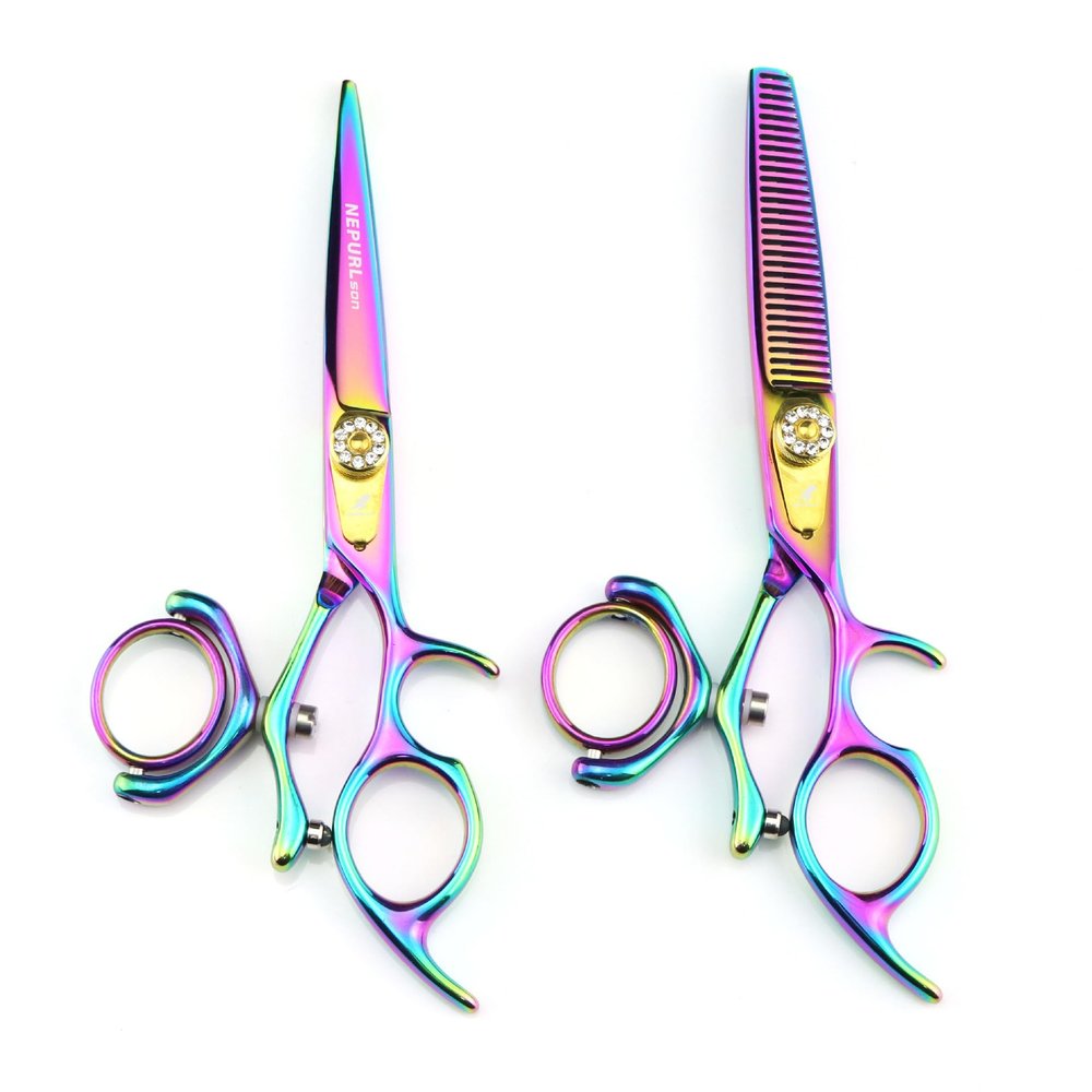 5.5" Professional Hair Cutting Scissors, Barber Thinning Shears Swivel Design with Rotating Handle, 440C Stainless Steel Flying Scissors, Multicolor