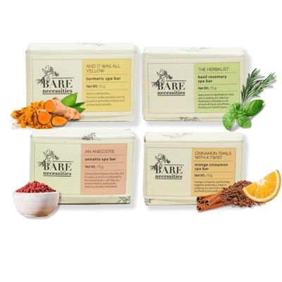 Ba..re. Ne.cessities Natural Handmade Soap Gift Set, Cold Processed Spa Bars with Turmeric, Basil Rosemary, Annatto, Orange Cinnamon, 75g Each, 4 Pack