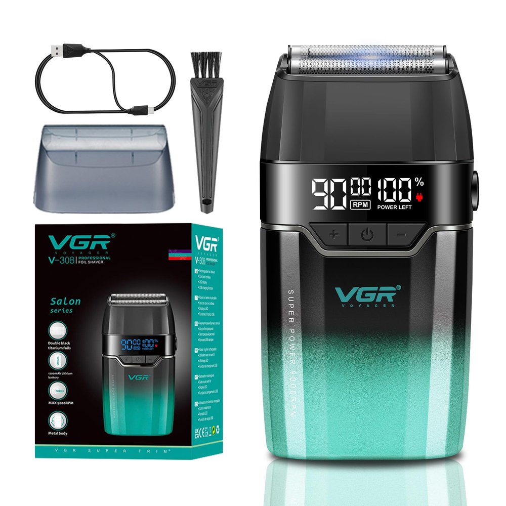 VGR 308 Electric Razor for Bald Head with 9000RPM 3-Speed Metal Body, Green