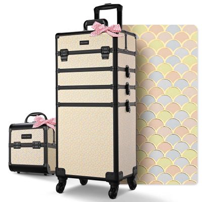 BYOOTIQUE Makeup Train Case Trolley w/Cube Case Cosmetic Organizer Art Deco Pastel