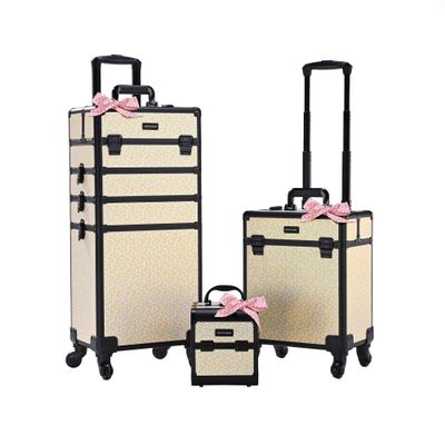 BYOOTIQUE Rolling Makeup Train Case on Wheels 3-Piece Hairdressing Brush Bags Cosmetology Art Deco Pastel