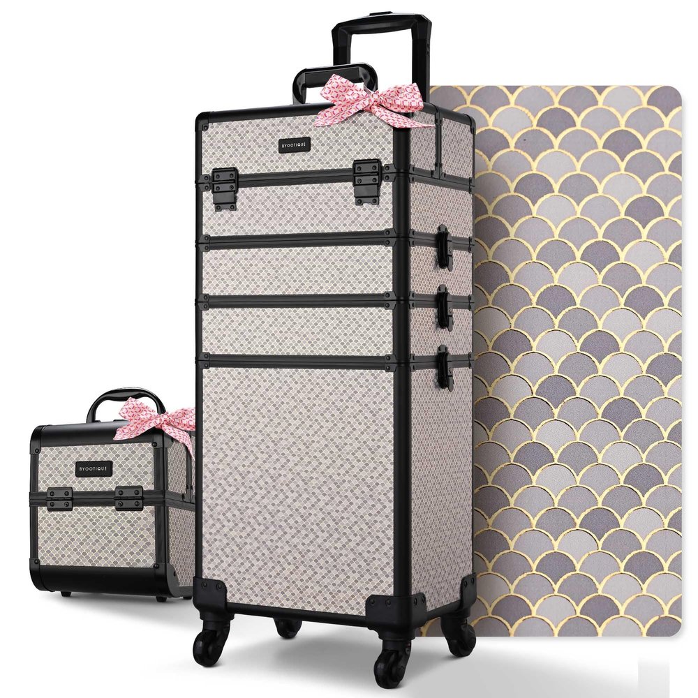 BYOOTIQUE Makeup Train Case Trolley w/Cube Case Cosmetic Organizer Art Deco Graphite