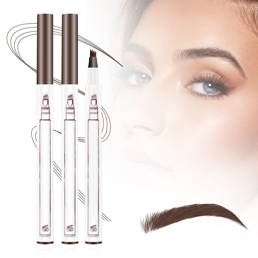 2PCS Microblading Eyebrow Pen, 2026 New 3D Waterproof Eyebrow Pencil with 4 Tips, Natural Long-Lasting Eyebrow Makeup Fine Stroke Contouring Pen for Women (Brown)