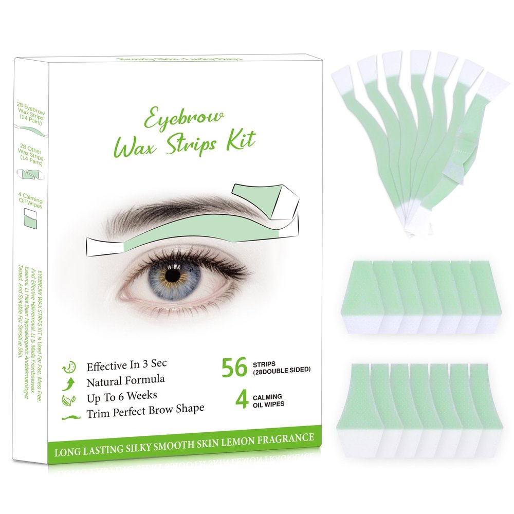 Eyebrow Wax Strips - 56 Eyebrow & Upper Lip Hair Remover with 4 Soothing Wipes | Natural Beeswax Formula | Painless at Home Hair Removal for Women & Sensitive Skin | Lasts 6 Weeks