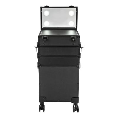 BGSHKAL 5 Tier Rolling Makeup Train Case with Lighted Mirror, Rolling Makeup Case Cosmetic Organizer Rolling Makeup Cart 66.1 Lbs Capacity 4 LED Lights Dividers Locking Latches for Makeup Enthusiasts