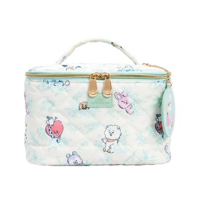 Impressions Vanity BT21 Quilted Train Case with Removable Mirror Keychain, Slip Pocket Makeup Bag Organizer with Top Handle Carry Strap, 4 Brush Slots Travel Makeup Bag for Women with Gold Hardware