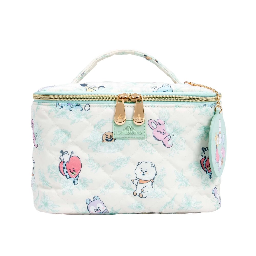 Impressions Vanity BT21 Quilted Train Case with Removable Mirror Keychain, Slip Pocket Makeup Bag Organizer with Top Handle Carry Strap, 4 Brush Slots Travel Makeup Bag for Women with Gold Hardware
