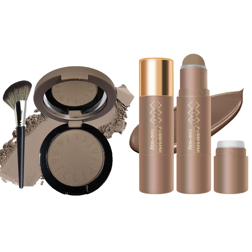 Cool Grey Contour Powder with Nose Face Brush and Cool Toned Cream Contour Stick-for Fair Pale Light