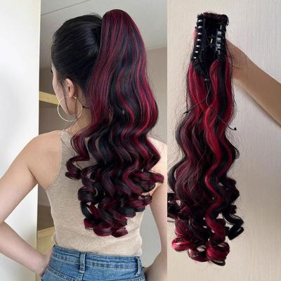 FUIBEJAE Ponytail Extension Claw 22Inch Curly Wavy Clip in Hairpiece Ponytail Hair Extensions Long Pony Tail Synthetic for Women Ash Black Mix Red