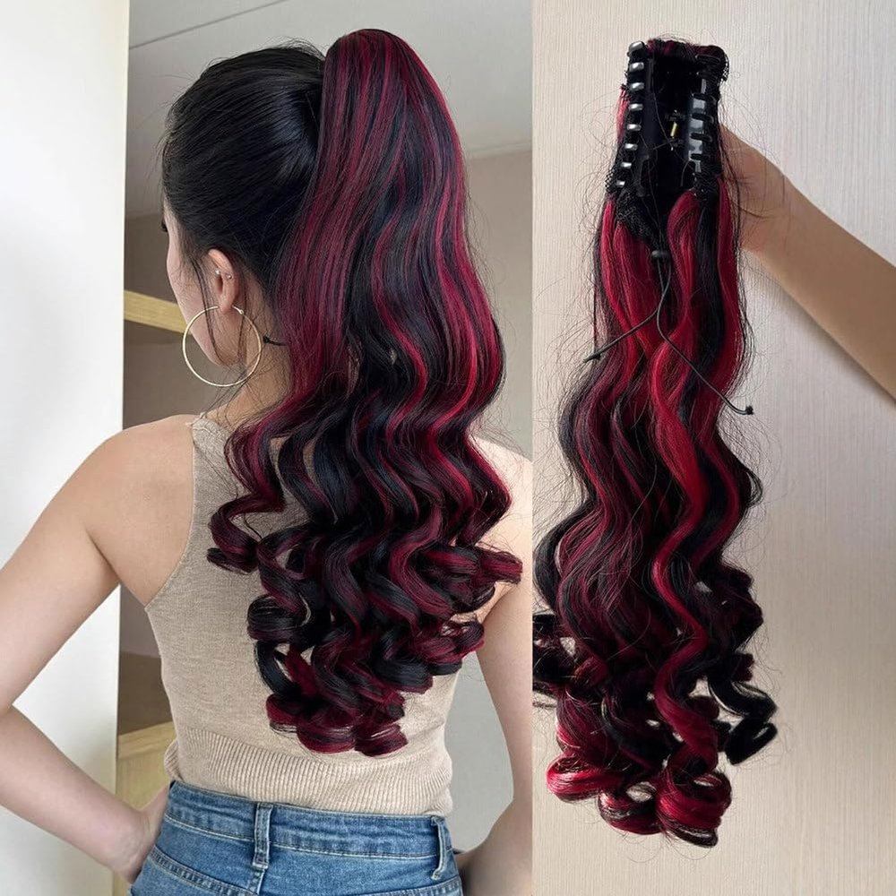 FUIBEJAE Ponytail Extension Claw 22Inch Curly Wavy Clip in Hairpiece Ponytail Hair Extensions Long Pony Tail Synthetic for Women Ash Black Mix Red