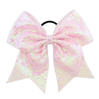 2pcs 8 inch Sequins Dovetail Bow Hair Loop Shiny Bows with Elastic Ties Sparkly Headwear for Girls For Cheerleading Performances(Pink)