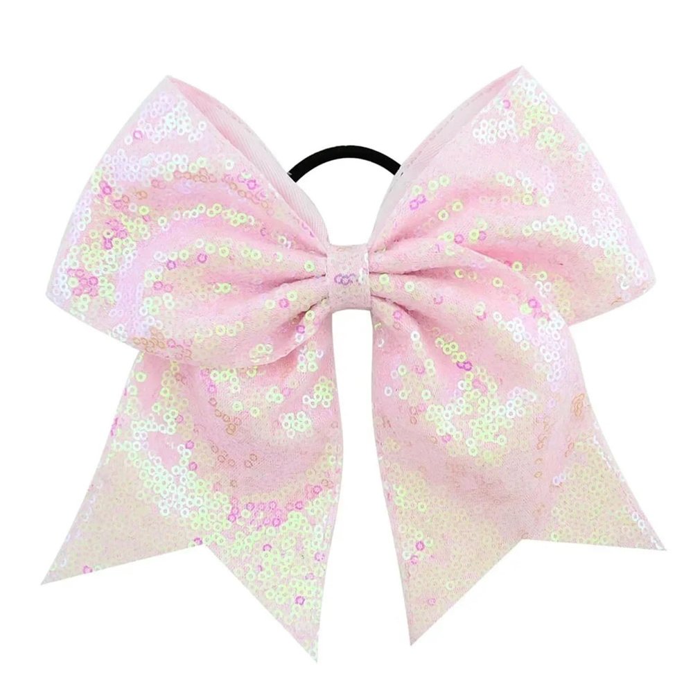 2pcs 8 inch Sequins Dovetail Bow Hair Loop Shiny Bows with Elastic Ties Sparkly Headwear for Girls For Cheerleading Performances(Pink)