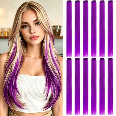 22 Inch Purple Hair Extensions Clip In 12 Pcs Straight Colored Hairpieces Hair Synthetic Cosplay Fashion Party Highlights Hair Accessories For Women (Purple)
